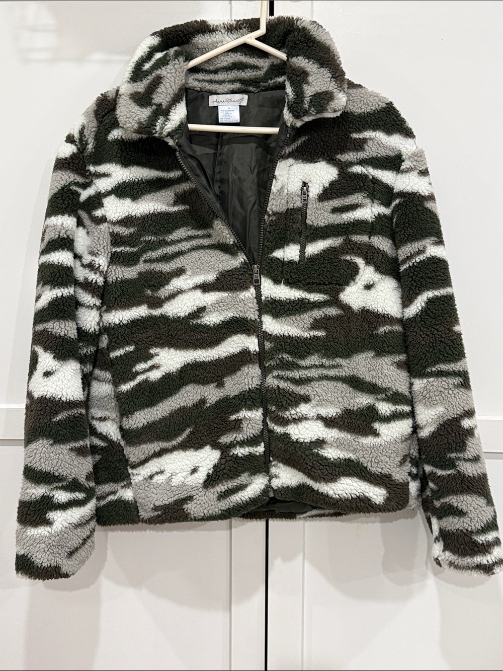 Heart to heart Olive Green and Gray Camo Teddy Zip-Up Jacket